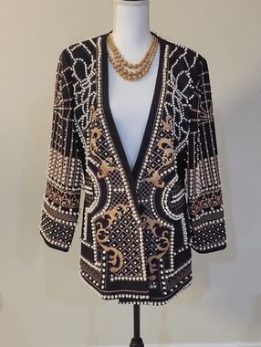 Embellished Black & Gold Beaded Women's Blazer Jacket